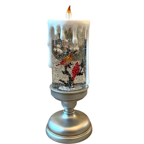Illuminated Silver Glitter Pedestal Candle 13in Christmas Cardinal New - Picture 1 of 10
